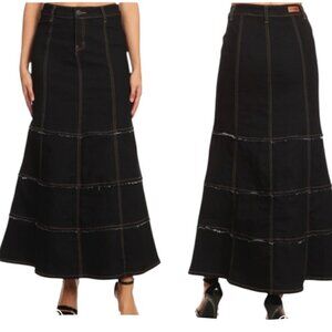 Tiered Dark Wash Frayed Midi Blue Jean Flared Skirt S M